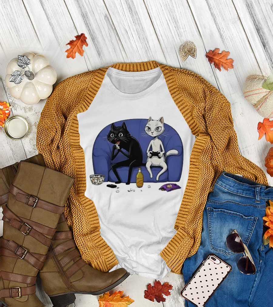 Two Cats One Couch Endless Fun Playing Games with Snacks and Popcorn T-Shirt