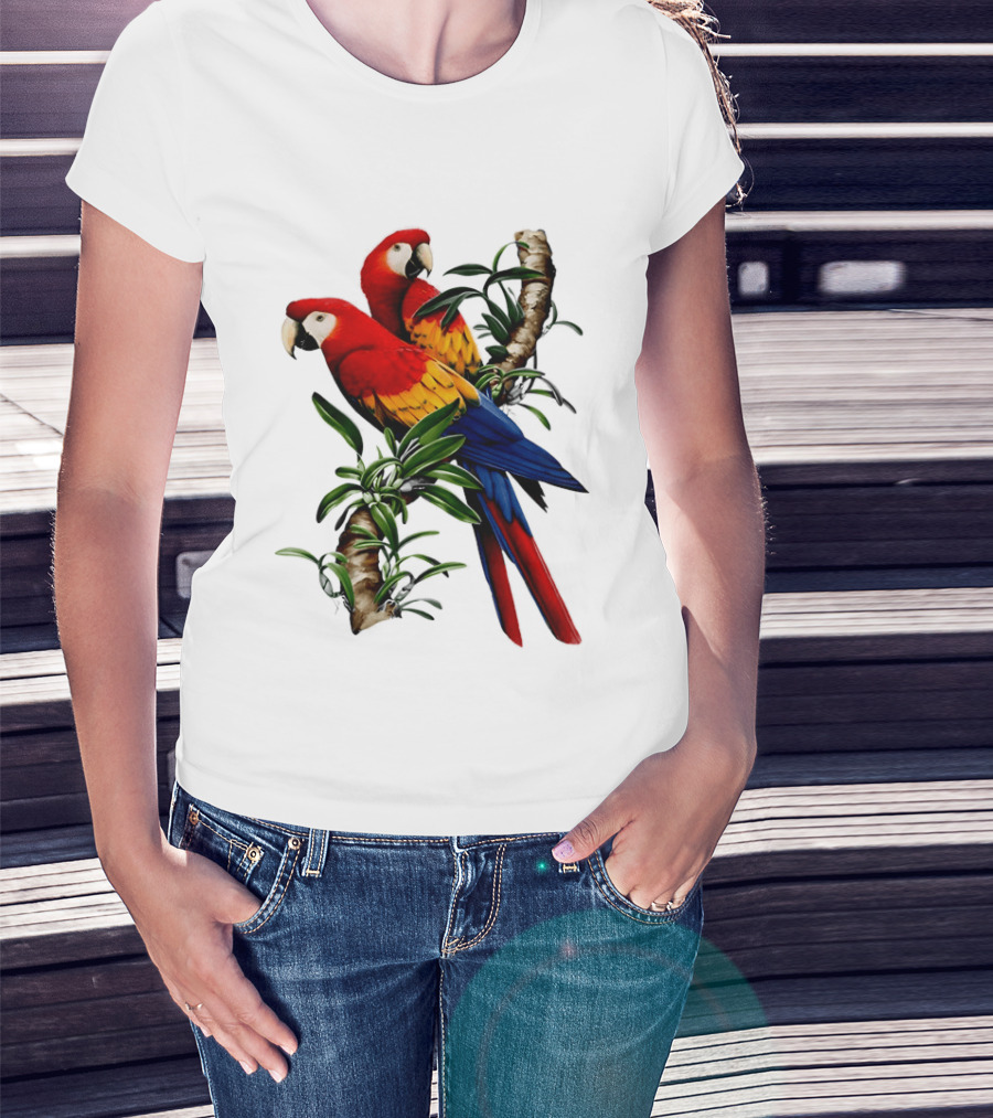 Parrot On Bret's Scarlet Macaw Tropical Branches T-Shirt
