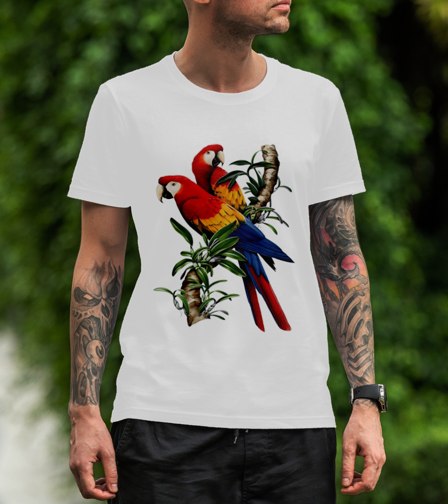Parrot On Bret's Scarlet Macaw Tropical Branches T-Shirt