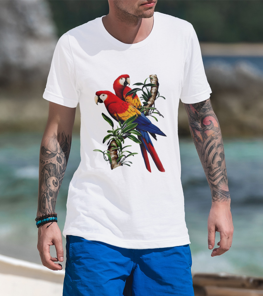 Parrot On Bret's Scarlet Macaw Tropical Branches T-Shirt
