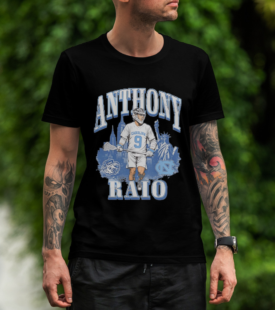 Anthony Raio Carolina 9 Lacrosse UNC Skyline Statue NYC T-Shirt