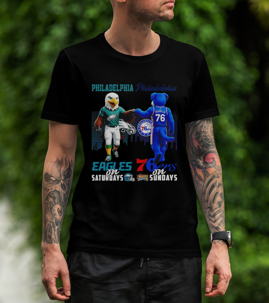 Philadelphia Eagles Vs 76ers Franklin Mascots Saturdays Sundays City Skyline T-Shirt