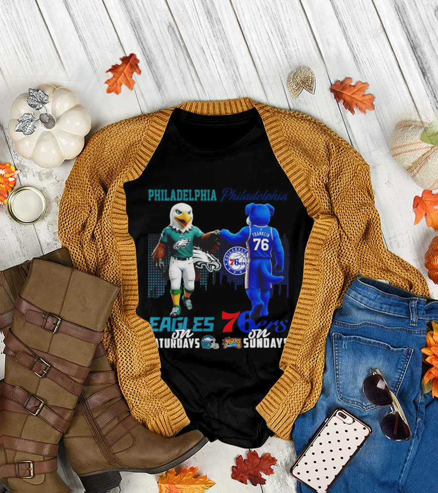 Philadelphia Eagles vs 76ers Franklin Mascots Saturdays Sundays City Skyline T-Shirt