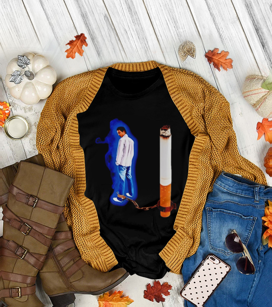 Man in Blue Jeans with Chains Connected to Burning Cigarette T-Shirt
