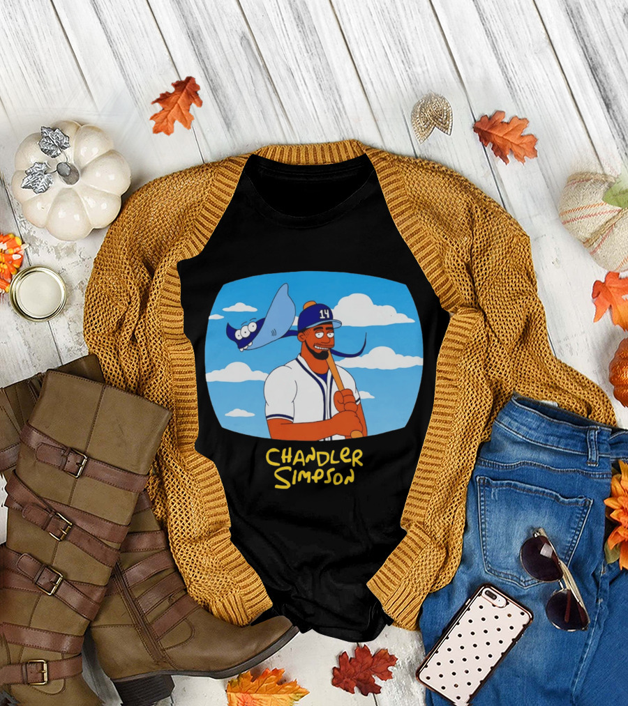 Chandler Simpson Tampa Bay Cartoon Baseball Player with Ray and Clouds T-Shirt