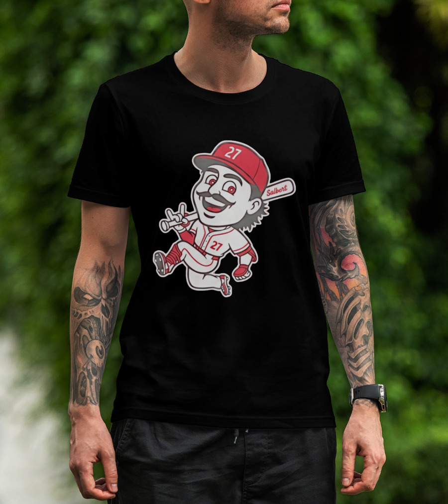 Cincinnati Reds Sal Stewart Number 27 Cartoon Player With Salbert Bat T-Shirt