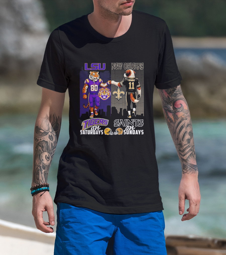 LSU Tigers And New Orleans Saints Football Saturdays And Sundays With City Skyline T-Shirt