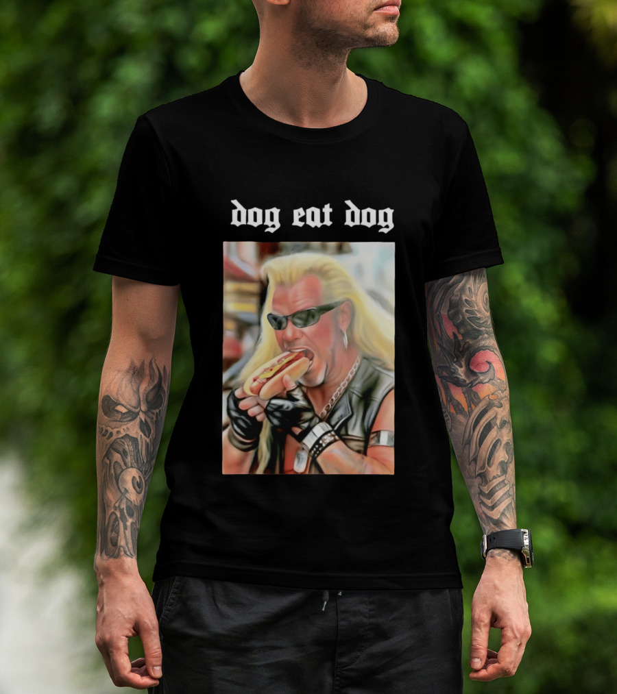 Dog Eat Dog Man Eating Hot Dog Sunglasses Blonde Long Hair T-Shirt