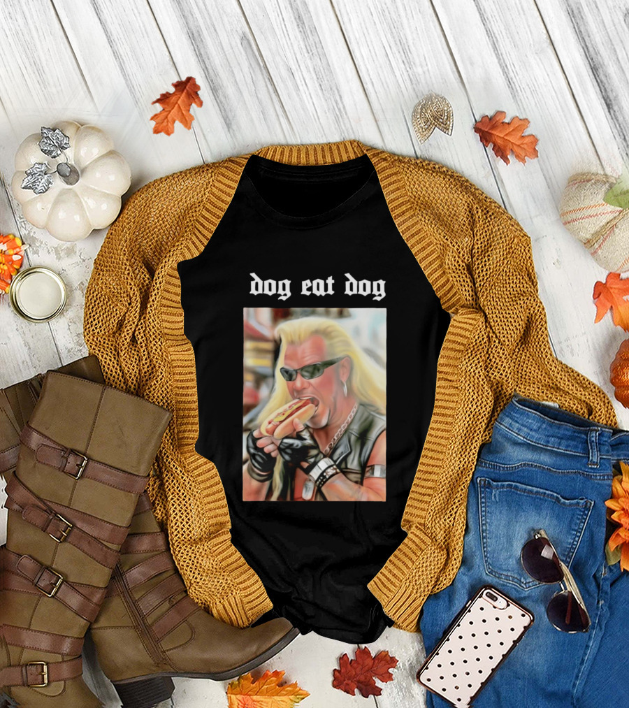 Dog Eat Dog Man Eating Hot Dog Sunglasses Blonde Long Hair T-Shirt