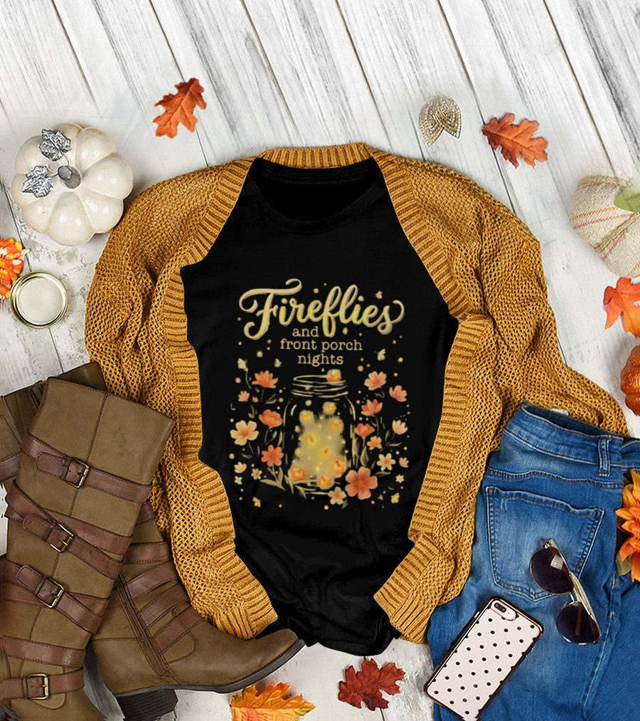 Fireflies and Front Porch Nights Rustic Mason Jar Fireflies Floral T-Shirt