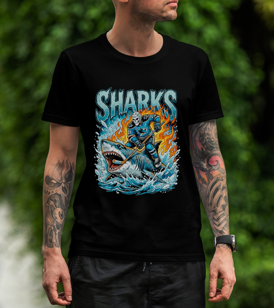 San Jose Sharks Hockey Player Riding Shark With Flames And Ice T-Shirt