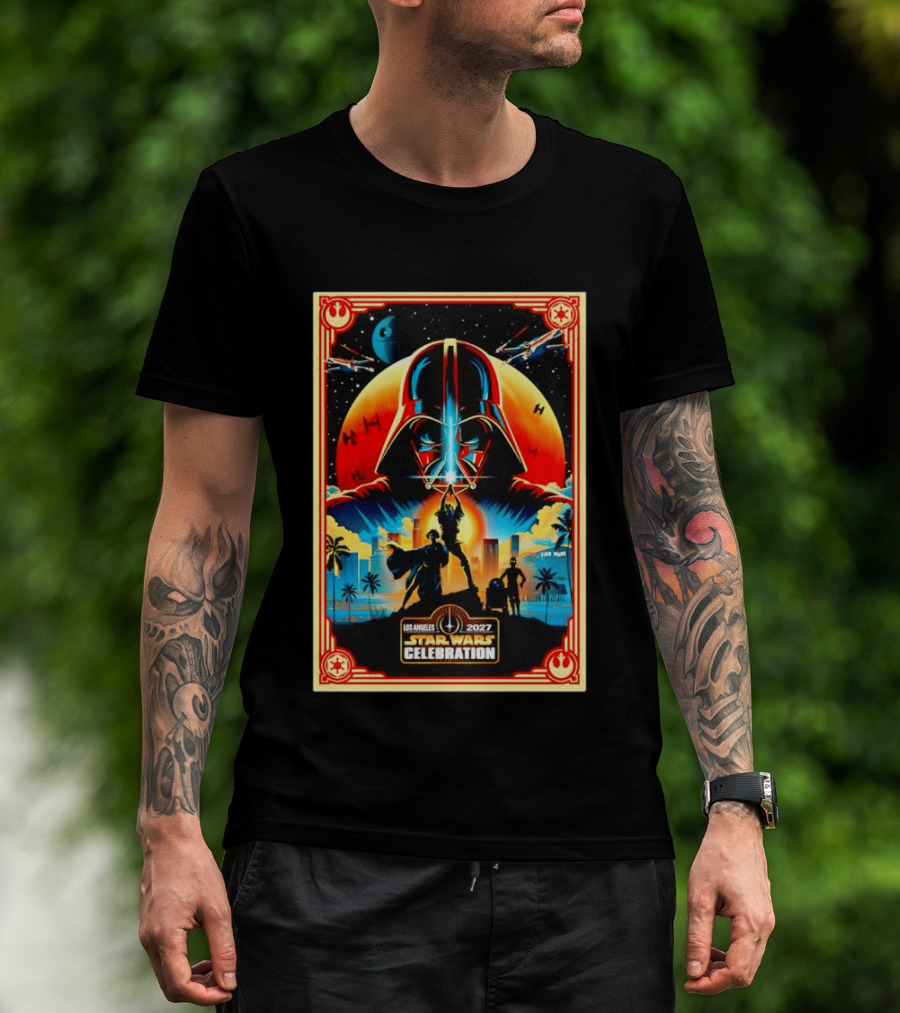 Star Wars Celebration Los Angeles 2027 50th Anniversary Darth Vader Millennium Falcon TIE Fighters X Wings T-Shirt