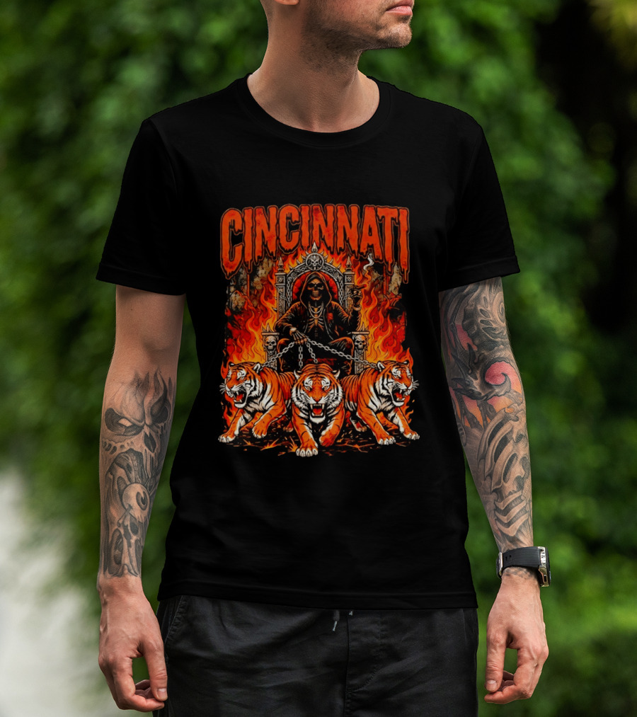 Cincinnati Skull Tiger Throne Fire Chains T-Shirt