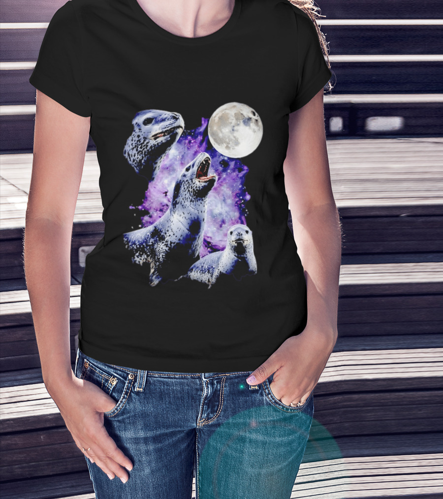 Three Leopard Seals Under Moonlight With Starry Purple Night Sky T-Shirt