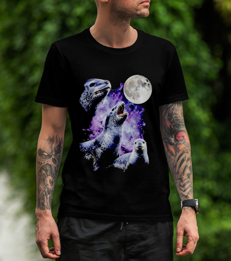 Three Leopard Seals Under Moonlight With Starry Purple Night Sky T-Shirt