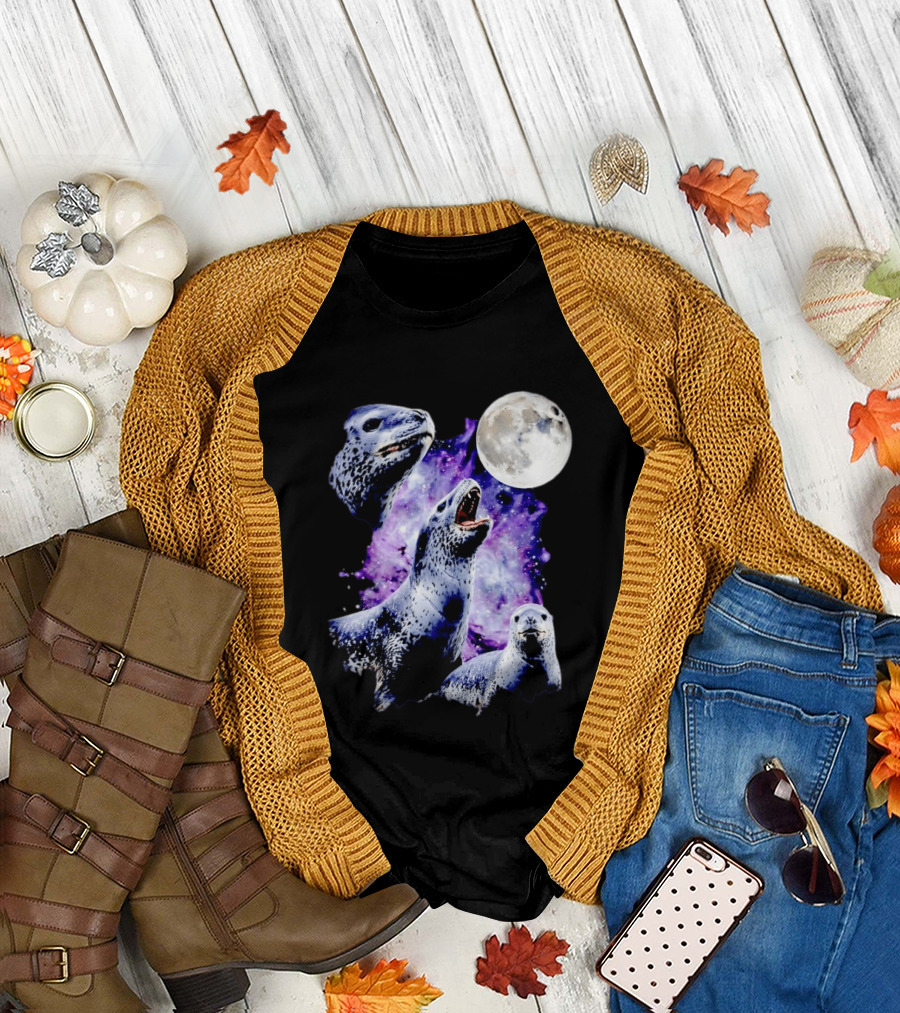 Three Leopard Seals Under Moonlight With Starry Purple Night Sky T-Shirt