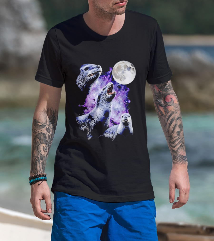 Three Leopard Seals Under Moonlight With Starry Purple Night Sky T-Shirt