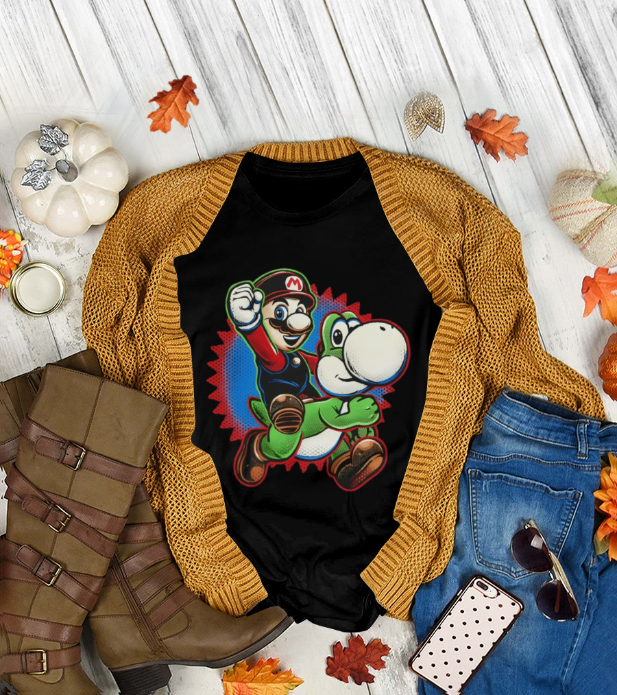 Mario and Yoshi Ride the Green Dino Classic Cartoon Adventure T-Shirt