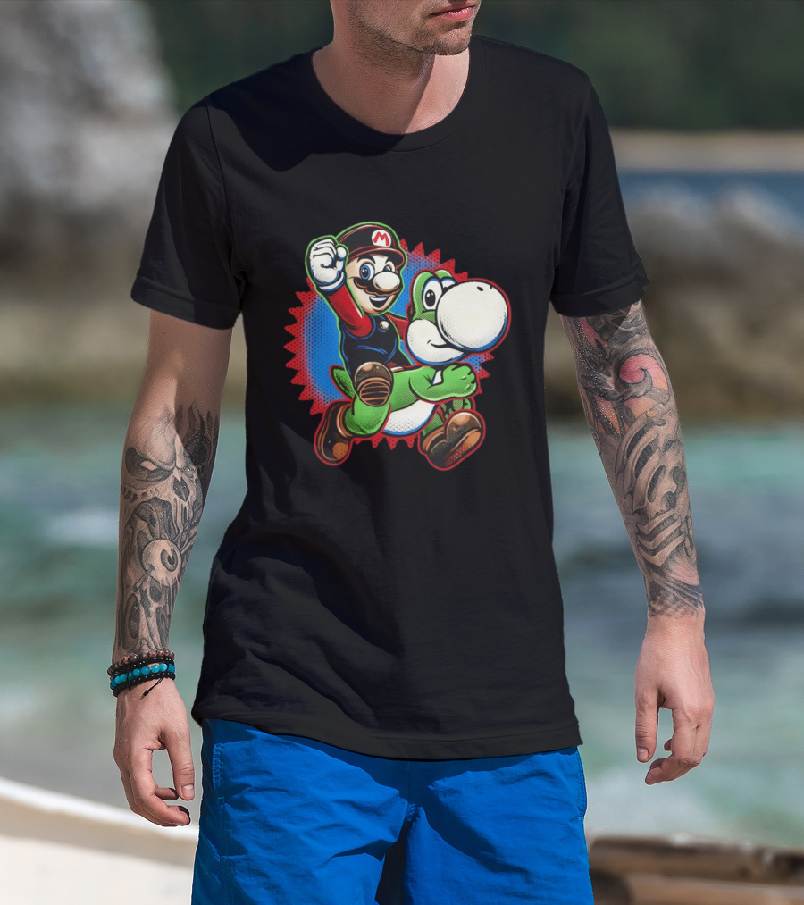 Mario And Yoshi Ride The Green Dino Classic Cartoon Adventure T-Shirt