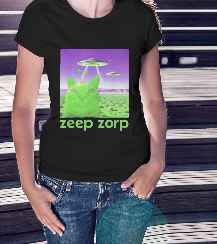 Zeep Zorp Green Cat Alien With UFOs In Space Desert Scenery T-Shirt