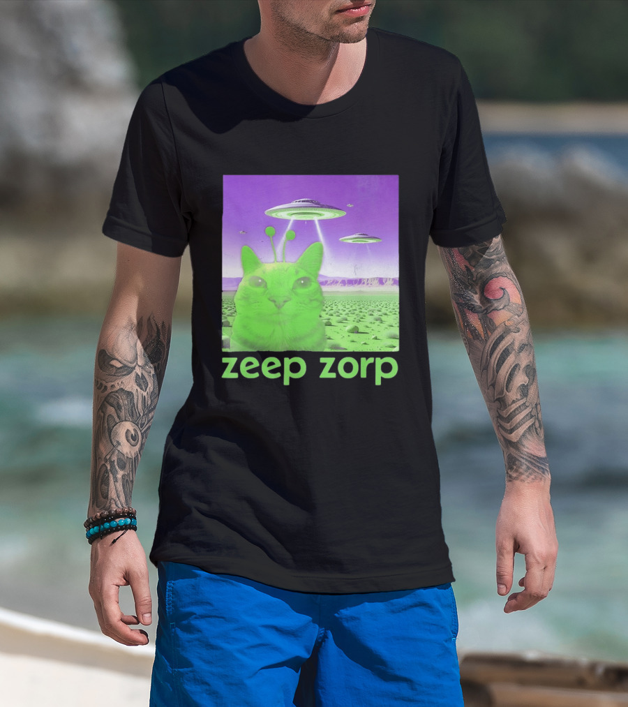 Zeep Zorp Green Cat Alien With UFOs In Space Desert Scenery T-Shirt