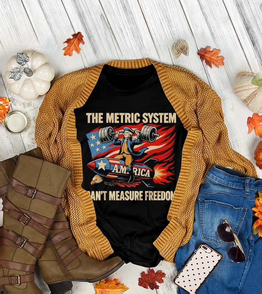 Patriot America Can't Measure Freedom USA Flag Rocket and Weights T-Shirt