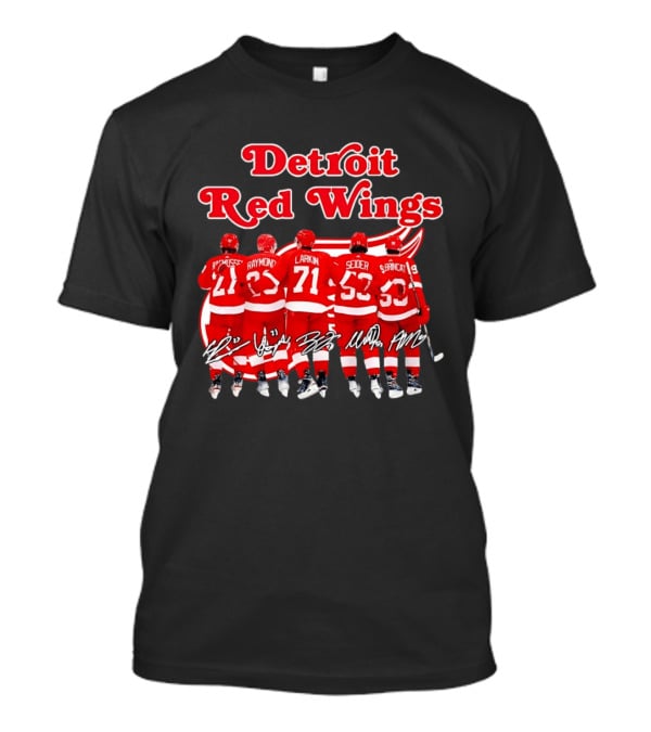 Detroit Red Wings Players Rasmussen Raymond Larkin Seider Branncat Celebrating Victory NHL 2026 Signatures T-Shirt