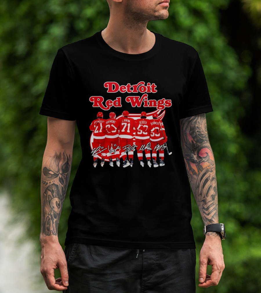 Detroit Red Wings Players Rasmussen Raymond Larkin Seider Branncat Celebrating Victory NHL 2026 Signatures T-Shirt