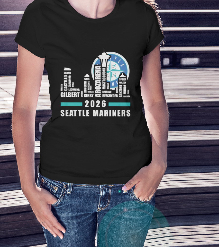 2026 Seattle Mariners City Connect Skyline With Player Names And Space Needle T-Shirt