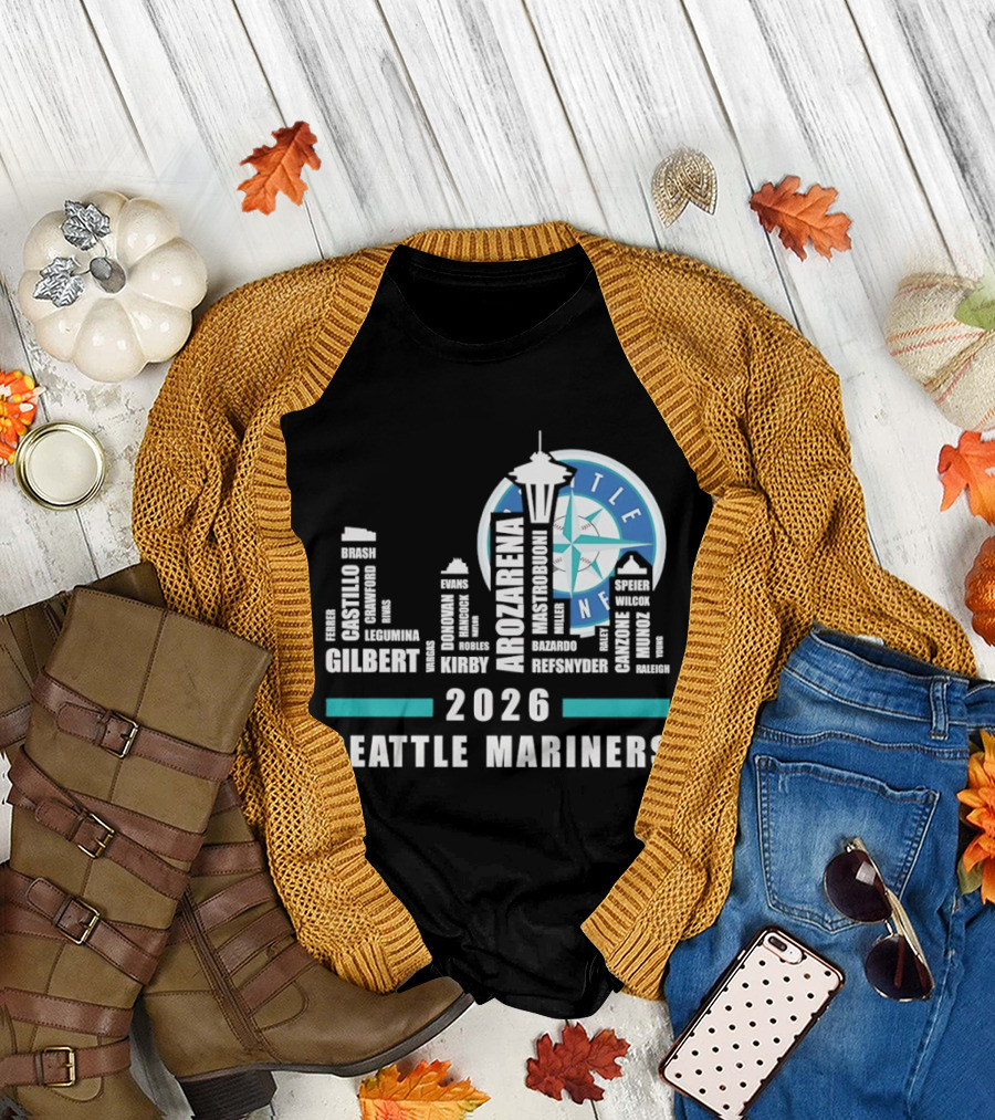 2026 Seattle Mariners City Connect Skyline with Player Names and Space Needle T-Shirt