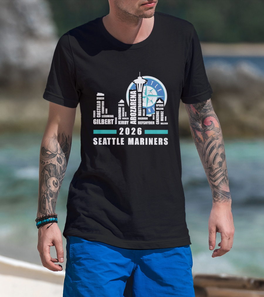 2026 Seattle Mariners City Connect Skyline With Player Names And Space Needle T-Shirt