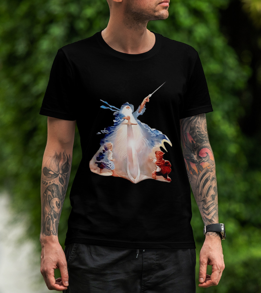 The Lord Of The Rings Gandalf And Hobbits Magic Sword Fantasy Scene T-Shirt