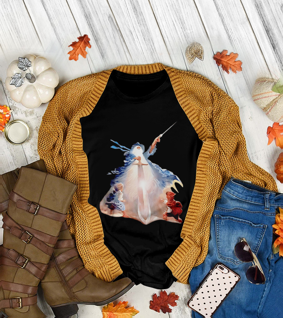 The Lord Of The Rings Gandalf And Hobbits Magic Sword Fantasy Scene T-Shirt