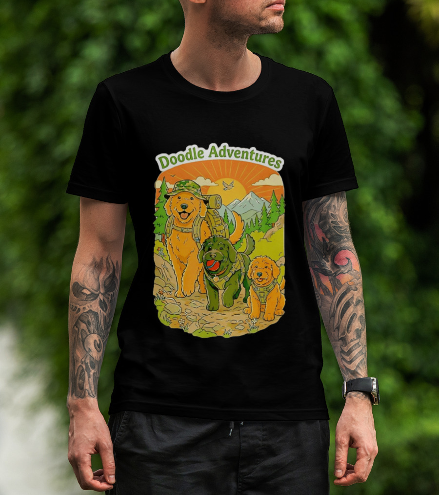 Doodle Adventures Three Dogs Picnic Adventure Sunset T-Shirt