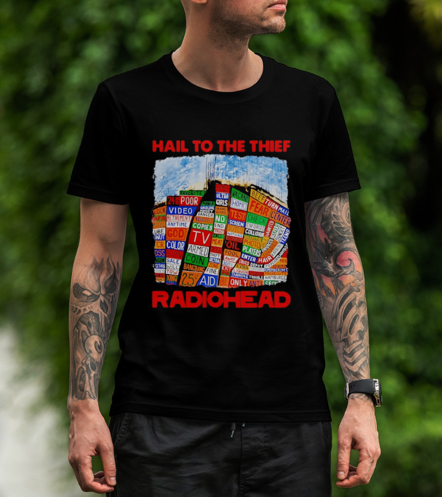 Radiohead Hail To The Thief Album Cover Colorful Text Collage 24HR TV 25 Aid T-Shirt