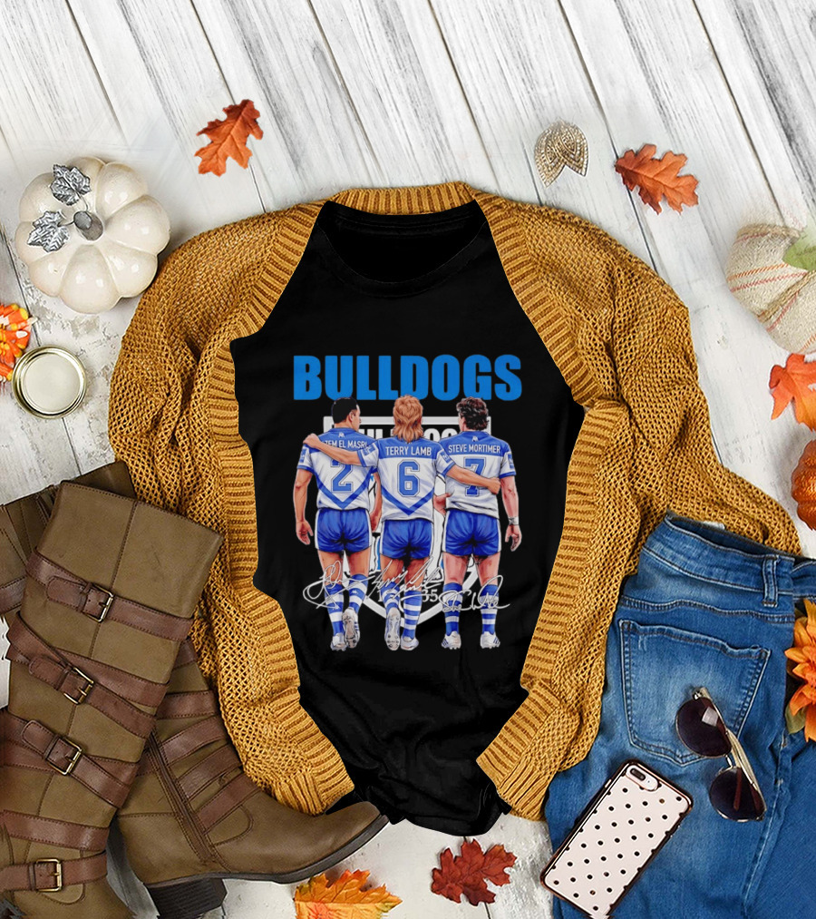 Hazem El Masri Terry Lamb Steve Mortimer Canterbury Bankstown Bulldogs Legends Signatures T-Shirt