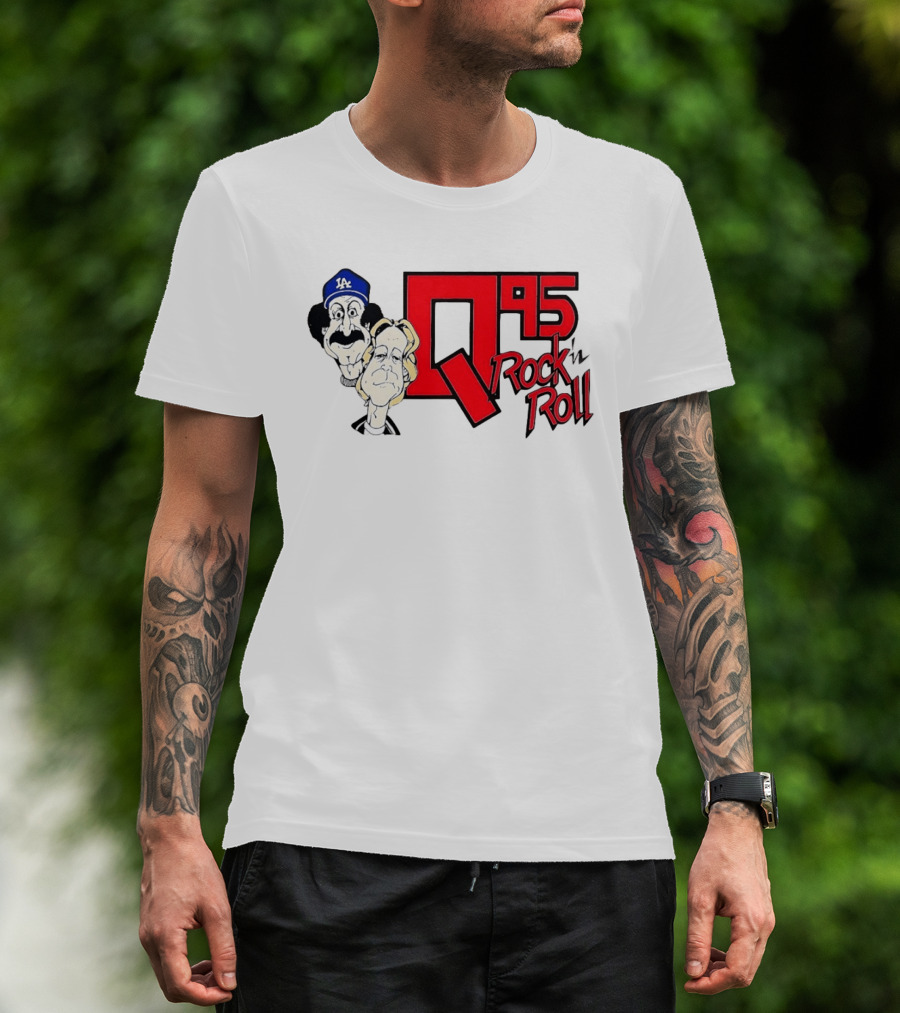 Q95 Rock 'n Roll Characters Wearing LA Dodgers Hat T-Shirt