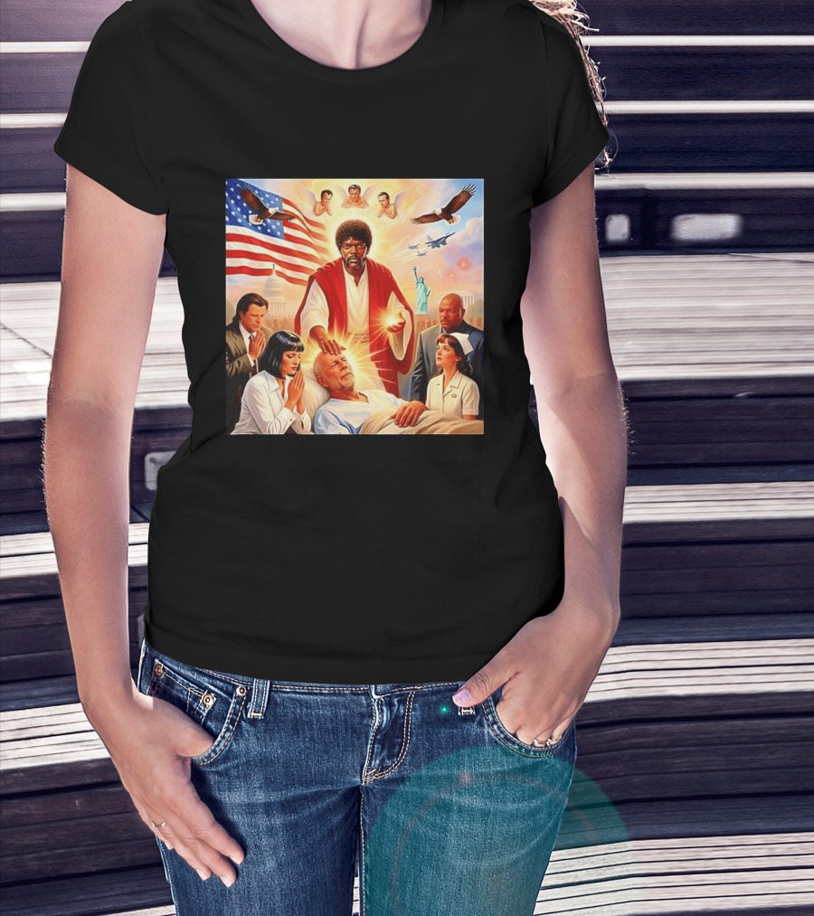 Samuel L. Jackson Exorcism Scene With Bruce Willis And US Patriotic Elements Meme T-Shirt