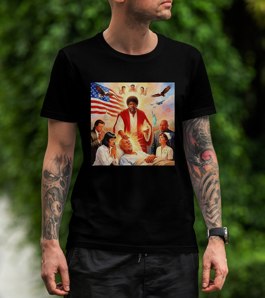 Samuel L. Jackson Exorcism Scene With Bruce Willis And US Patriotic Elements Meme T-Shirt