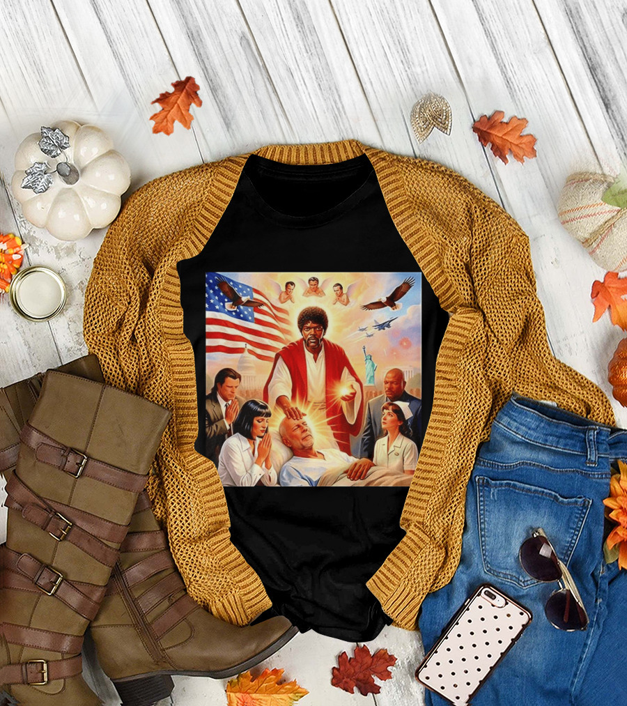 Samuel L. Jackson Exorcism Scene with Bruce Willis and US Patriotic Elements Meme T-Shirt