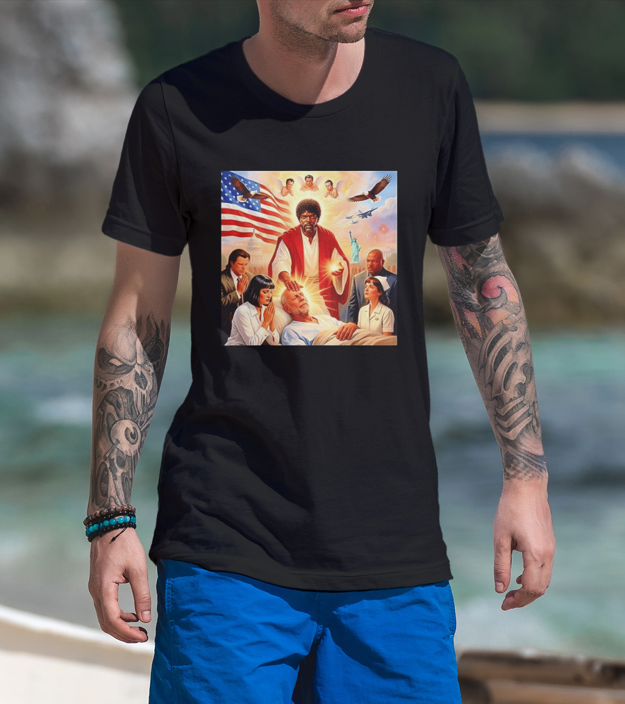 Samuel L. Jackson Exorcism Scene With Bruce Willis And US Patriotic Elements Meme T-Shirt