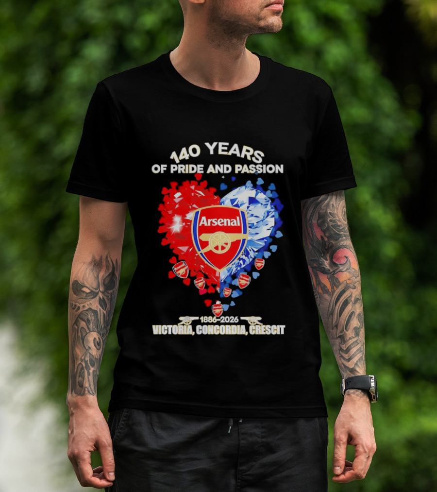 Arsenal 140 Years Of Pride And Passion Victoria Concordia Crescit 1886 2026 Heart Badge Crest T-Shirt