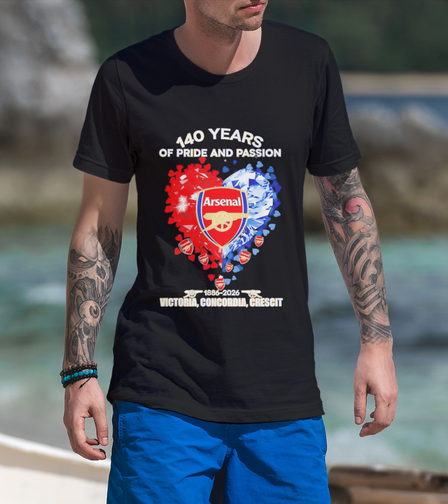 Arsenal 140 Years Of Pride And Passion Victoria Concordia Crescit 1886 2026 Heart Badge Crest T-Shirt