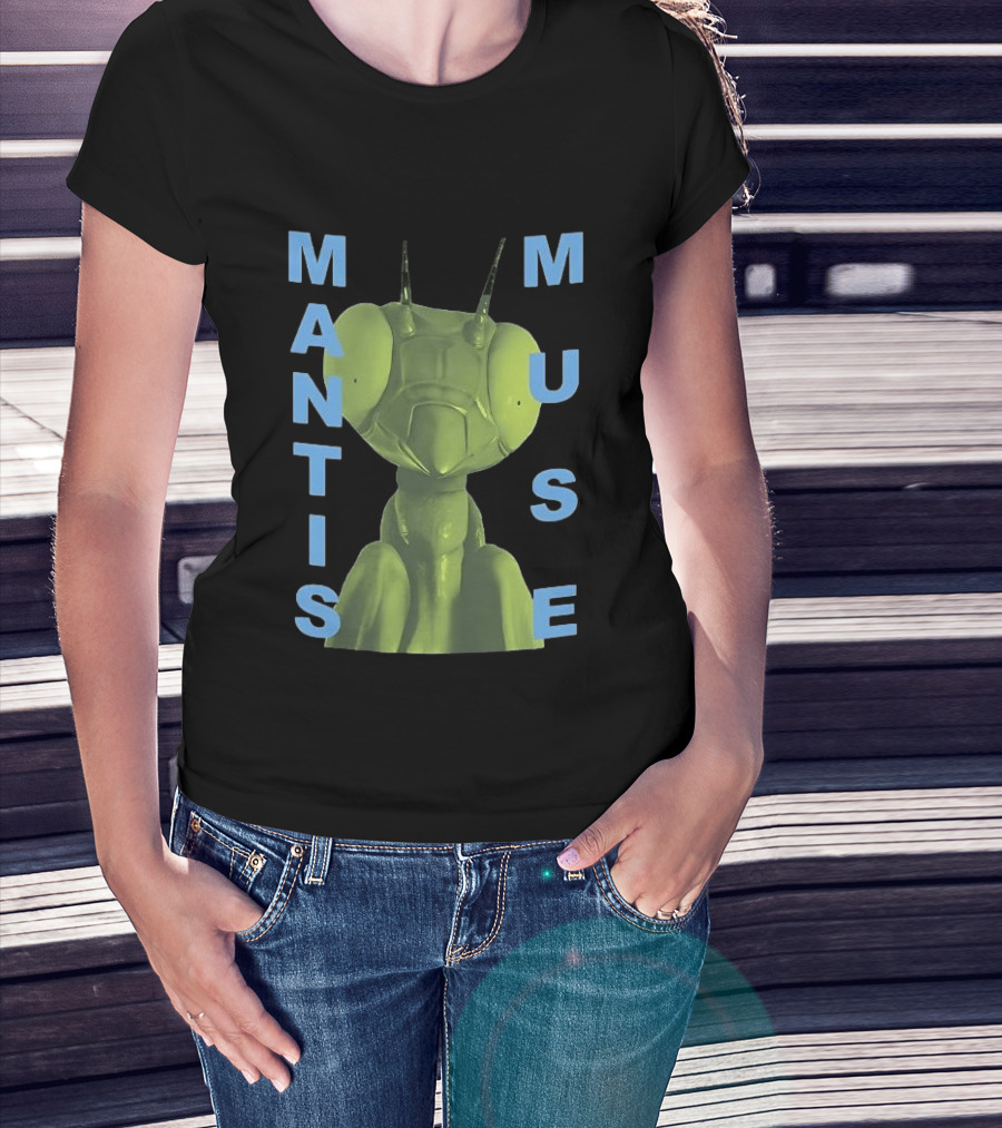 David Shrigley Mantis Muse Green Illustration With Blue T-Shirt