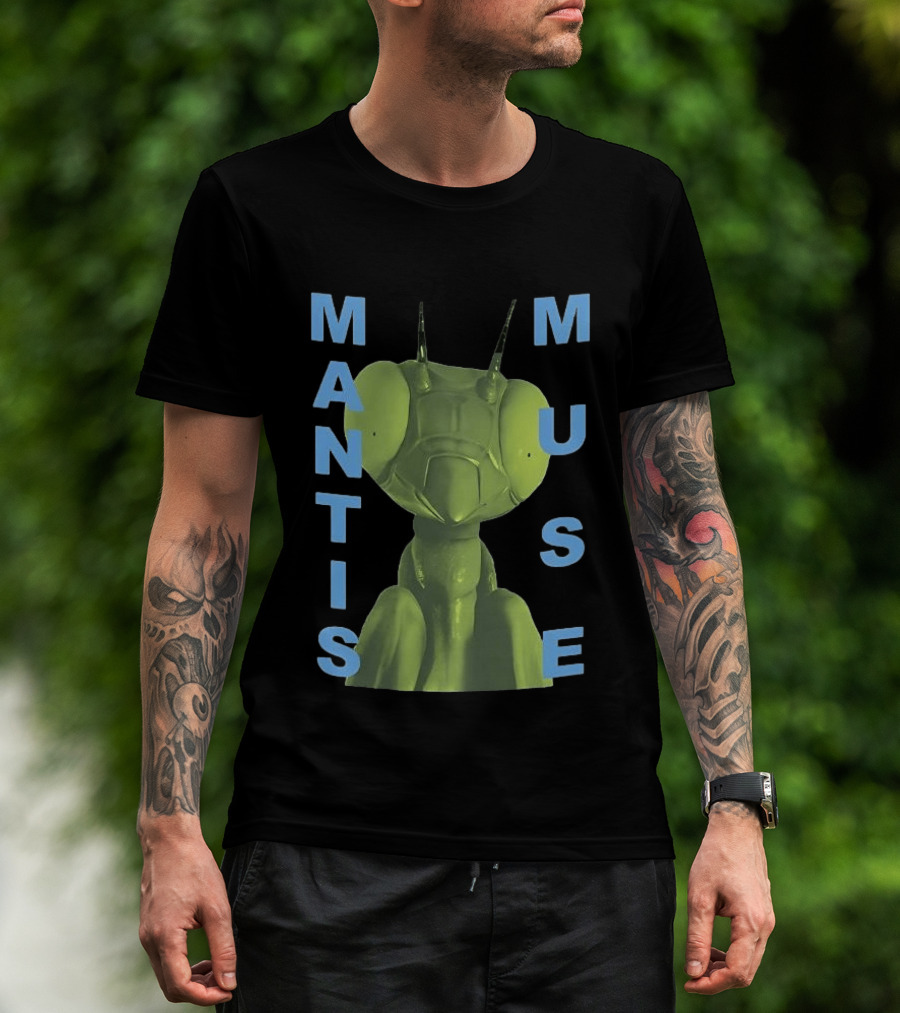 David Shrigley Mantis Muse Green Illustration With Blue T-Shirt