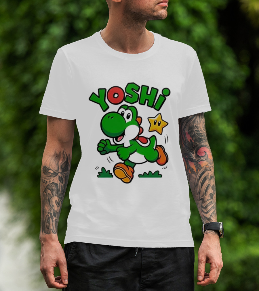 Yoshi Super Mario Green Dinosaur Running With Star T-Shirt