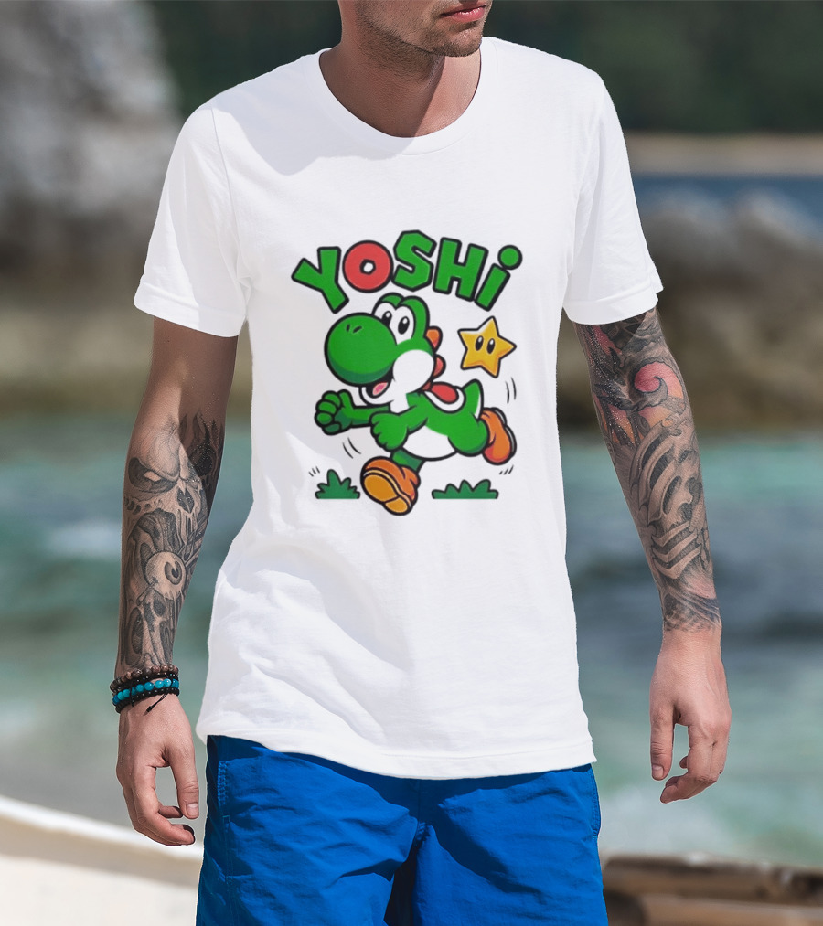 Yoshi Super Mario Green Dinosaur Running With Star T-Shirt