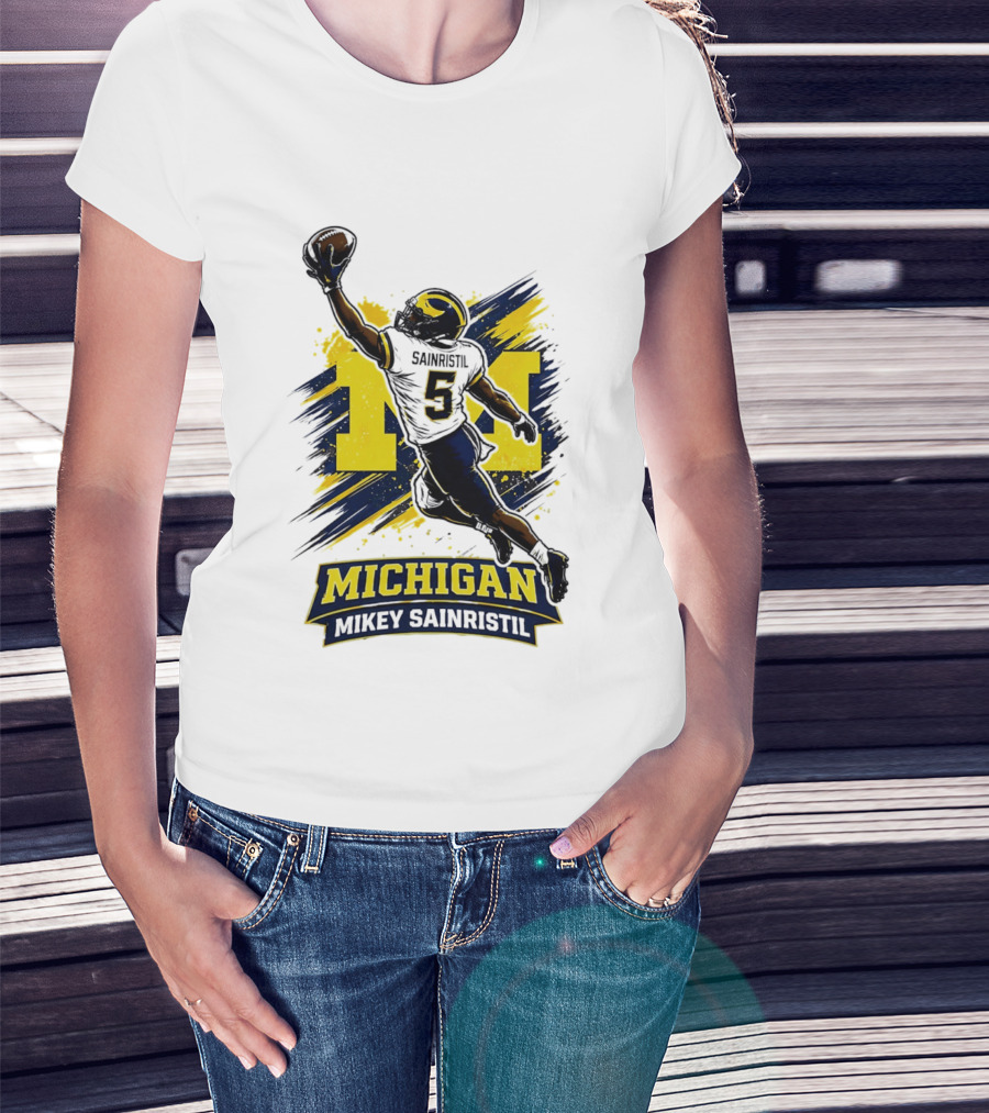 Michigan Mikey Sainristil Catching Football Wolverines Player T-Shirt