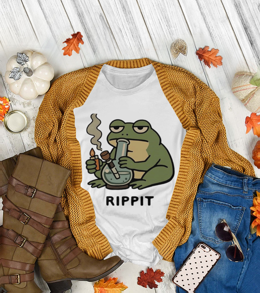 Rippit Frog Smoking Bong Meme Funny Cartoon T-Shirt