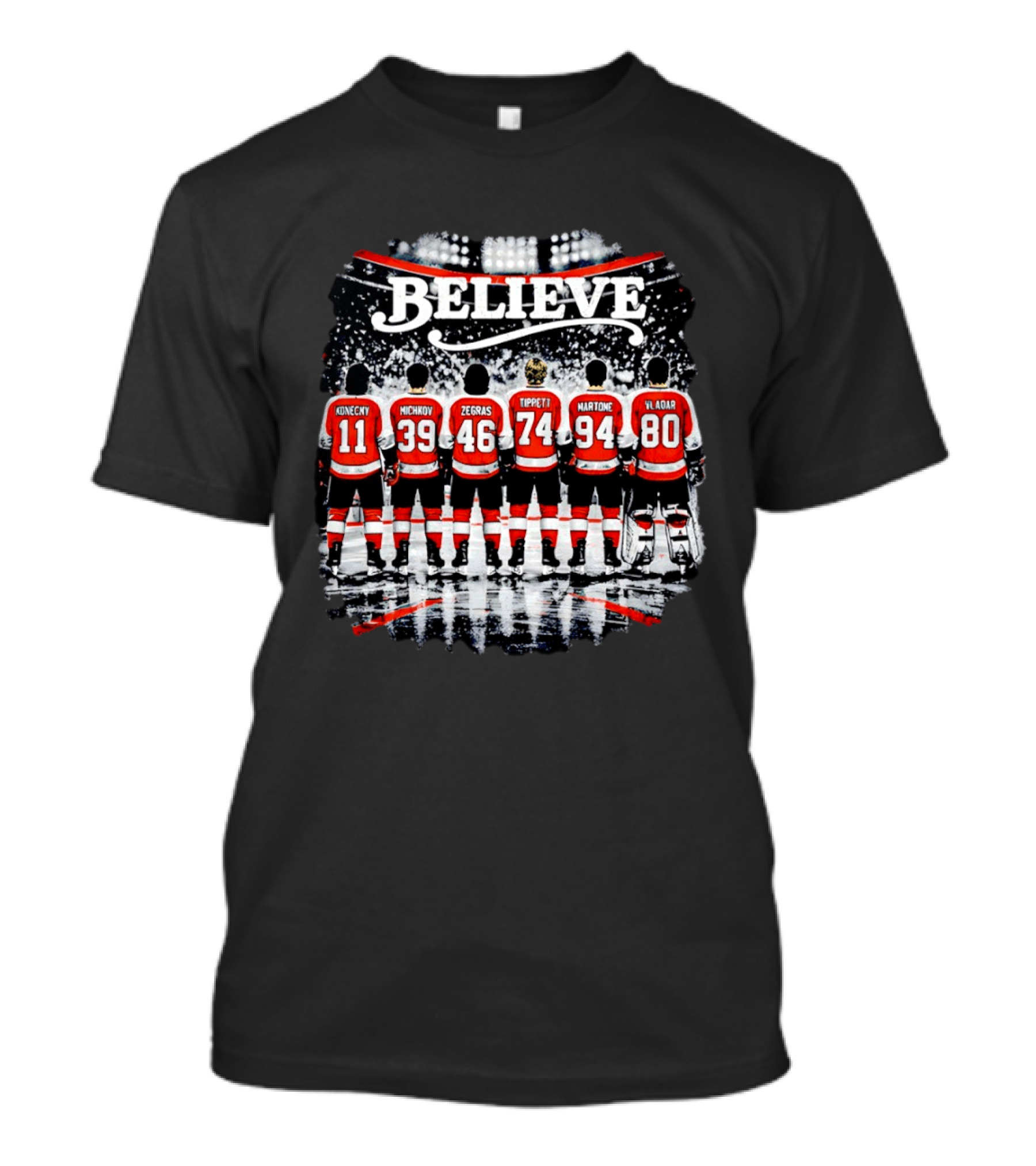 Believe Philadelphia Flyers Konecny Michkov Zegras Tippett Martone Vladar NHL Team Back View T-Shirt